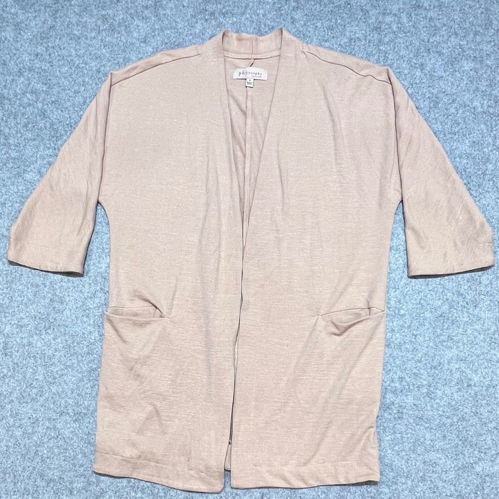 Philosophy Republic Clothing Tan Open Front Cardigan 3/4 Sleeve Lighweight Small